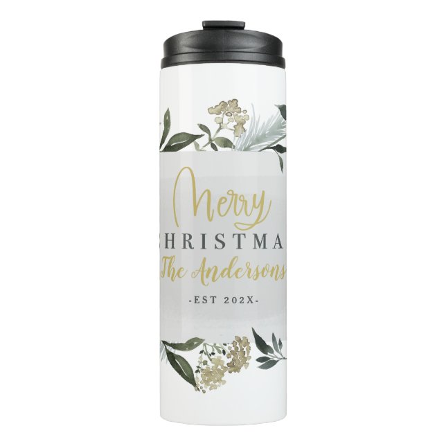 Merry Christmas watercolor foliage Christmas   Thermal Tumbler (Front)