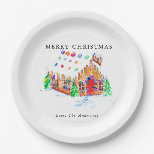 Merry Christmas Watercolor Gingerbread House Cute Paper Plates