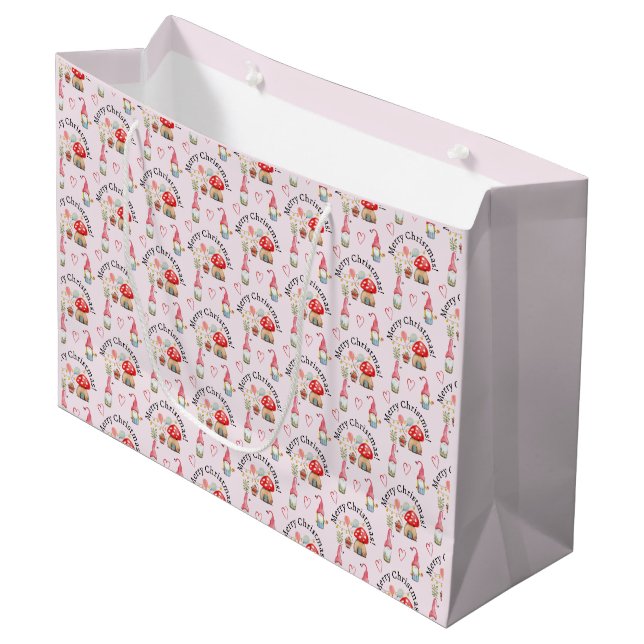Merry Christmas Watercolor Gnome And Mushrooms Large Gift Bag (Front Angled)