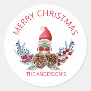 Merry Christmas Watercolor Gnome Classic Round Sticker