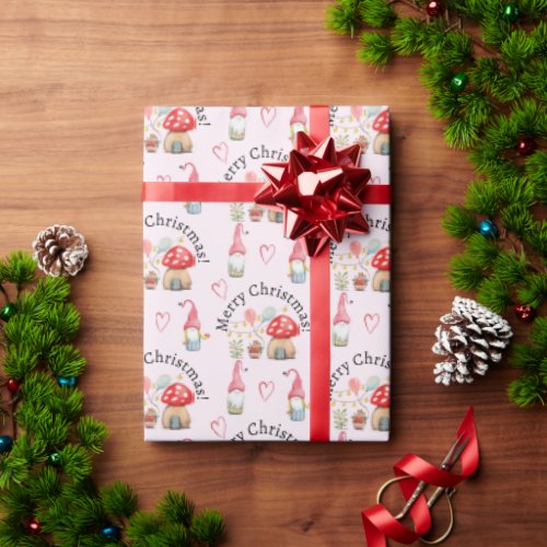 Merry Christmas Watercolor Gnomes And Mushrooms Wrapping Paper