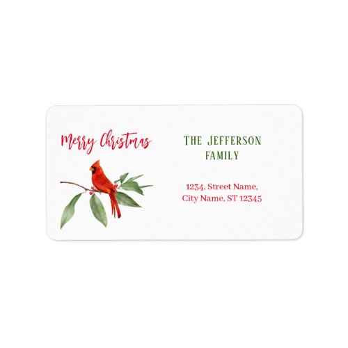 Merry Christmas Watercolor Green Red Cardinal Bird Label