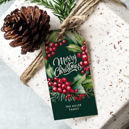 Merry Christmas Watercolor Greenery Berry Wreath Gift Tags