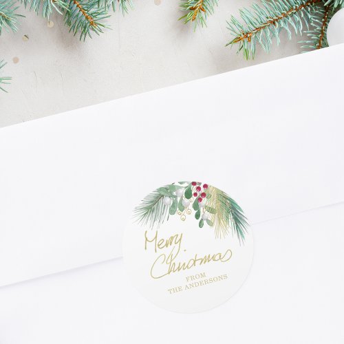 Merry Christmas Watercolor Greenery Classic Round Sticker