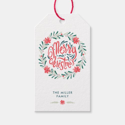 Merry Christmas Watercolor Greenery Floral Wreath Gift Tags