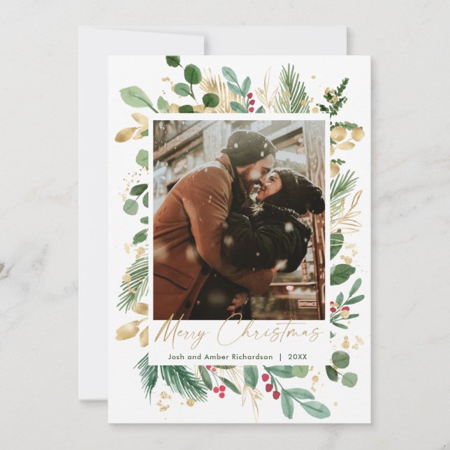 Merry Christmas watercolor greenery gold red holly (Front)