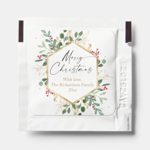 Merry Christmas watercolor greenery gold red holly Hand Sanitizer Packet