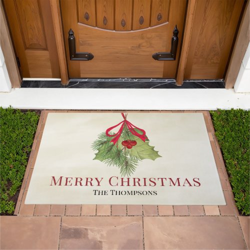 Merry Christmas Watercolor Greenery Holly Berries Doormat