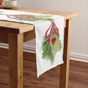 Merry Christmas Watercolor Greenery Holly Berries Short Table Runner