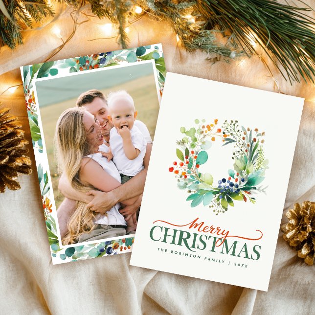 Merry Christmas Watercolor Greenery Photo Holiday Card (Creator Uploaded)
