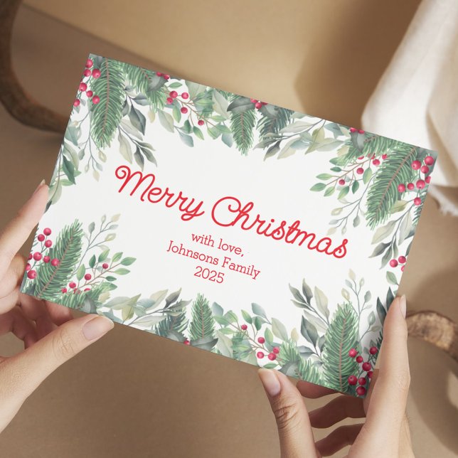 merry christmas watercolor greenery red green postcard (Creator Uploaded)