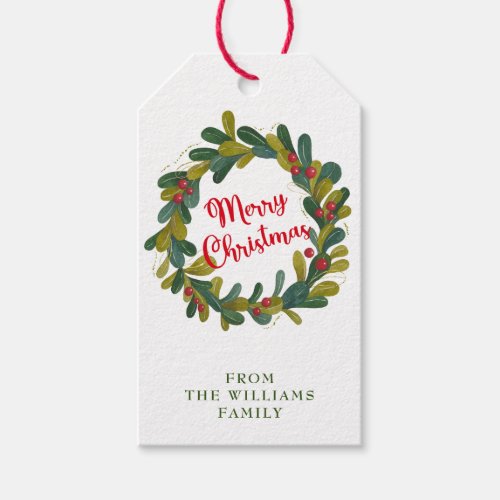 Merry Christmas Watercolor Greenery Wreath Gift Tags