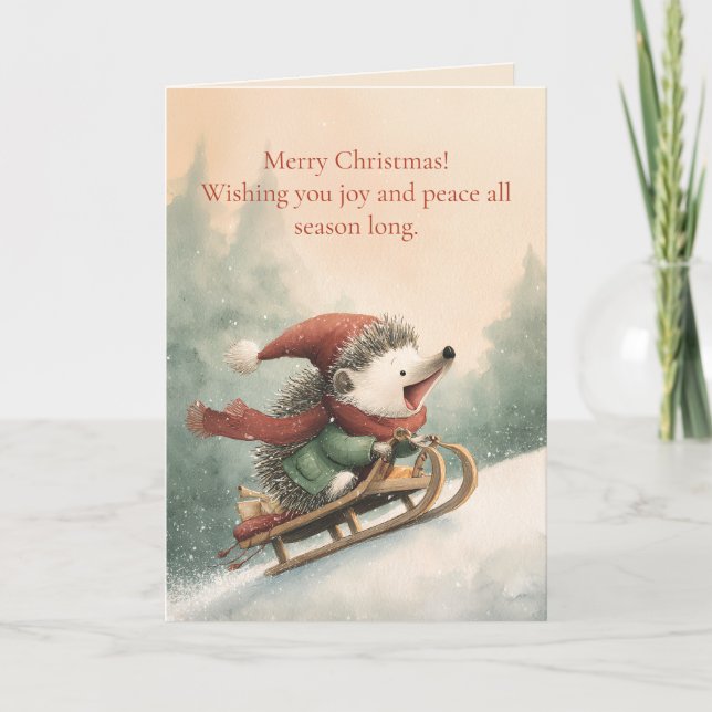 Merry Christmas Watercolor hedgehog  Holiday Card (Front)