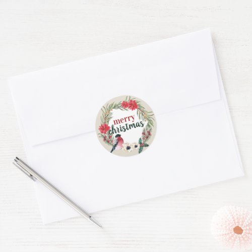 Merry Christmas  Watercolor Holiday Floral Wreath Classic Round Sticker