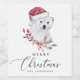 Merry Christmas. Watercolor holiday polar bear Wine Label
