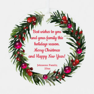 merry christmas watercolor holiday wreath red metal ornament