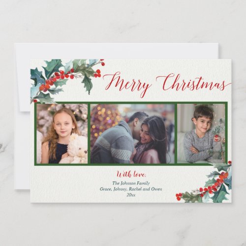 Merry Christmas watercolor holly 3 photo card