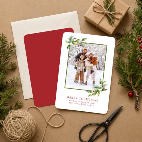 Merry Christmas Watercolor Holly Berries Photo Holiday Card