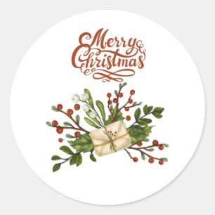 Merry Christmas Watercolor Holly Berry and Letters Classic Round Sticker