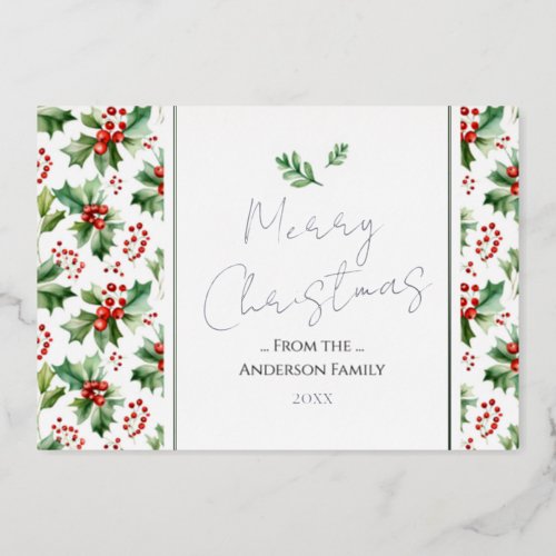 Merry Christmas Watercolor Holly Berry Foil Holiday Card