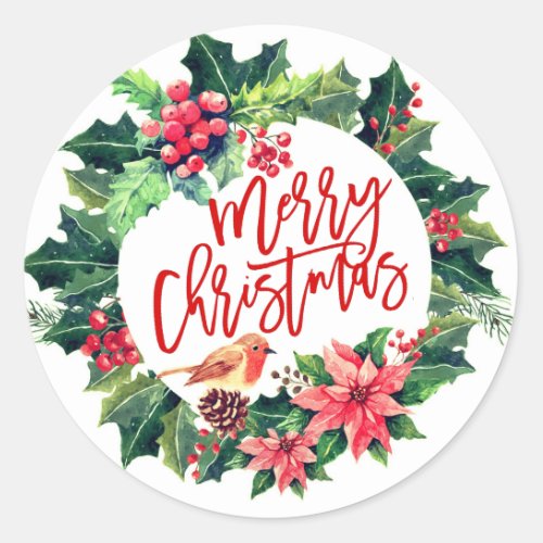 Merry Christmas Watercolor Holly Berry Wreath Classic Round Sticker