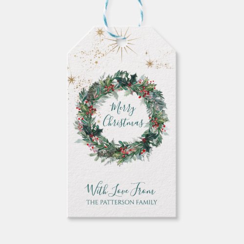 Merry Christmas Watercolor Holly Berry Wreath Gift Tags