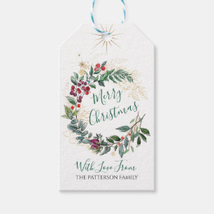 Merry Christmas Watercolor Holly Berry Wreath Gift Tags