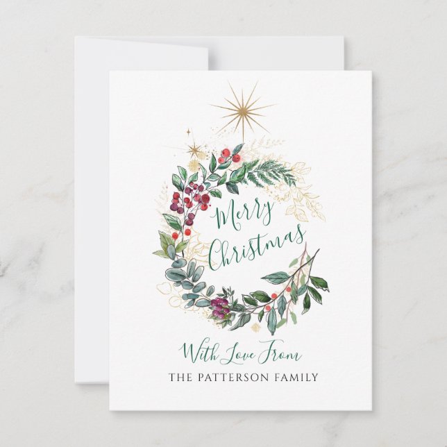Merry Christmas Watercolor Holly Berry Wreath  Note Card (Front)