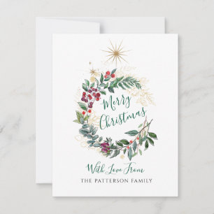 Merry Christmas Watercolor Holly Berry Wreath Note Card