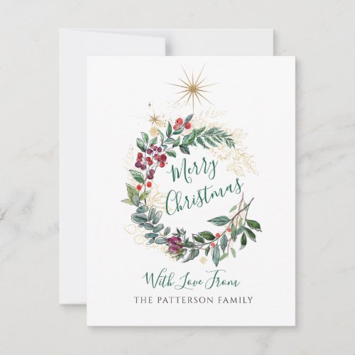 Merry Christmas Watercolor Holly Berry Wreath  Note Card