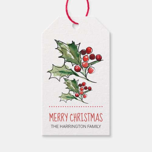 Merry Christmas Watercolor Holly Gift Tags