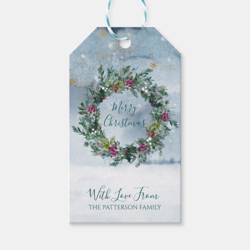 Merry Christmas Watercolor Holly Glitter Star Snow Gift Tags