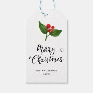 Merry Christmas Watercolor Holly Holiday Script Gift Tags