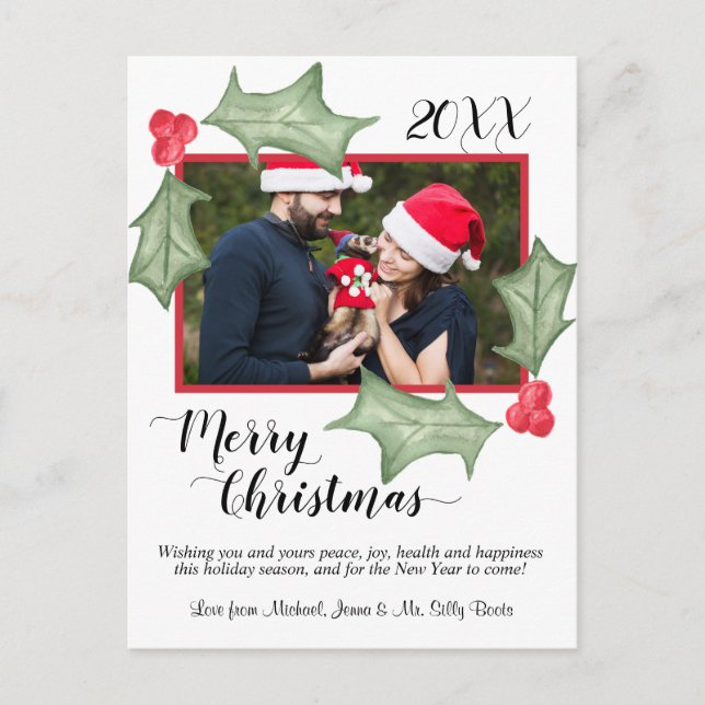 Merry Christmas Watercolor Holly Leaves with Photo Holiday Postcard (Front)