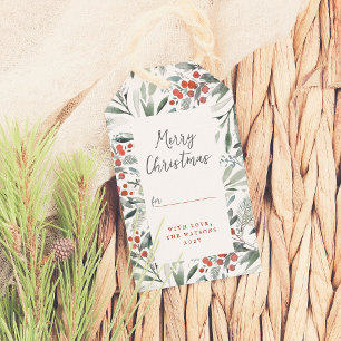Merry Christmas Watercolor Holly & Pine Holiday Gift Tags