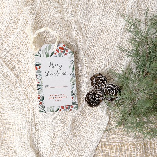 Merry Christmas Watercolor Holly  Pine Holiday Gift Tags