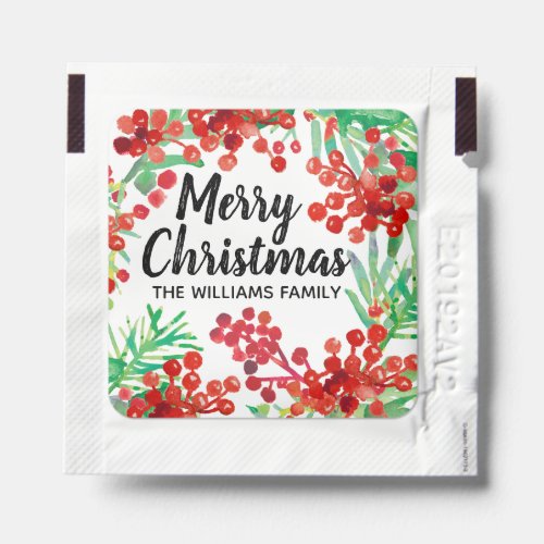 Merry Christmas Watercolor Holly Red Berries Name Hand Sanitizer Packet