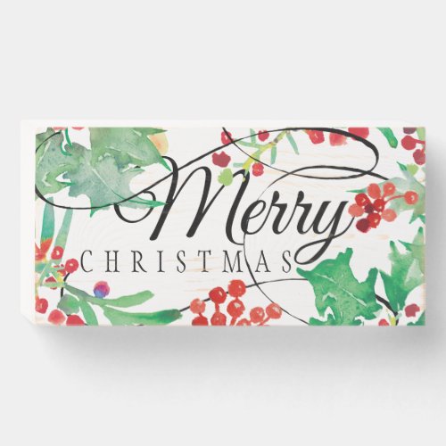 Merry Christmas Watercolor Holly Script Wooden Box Sign