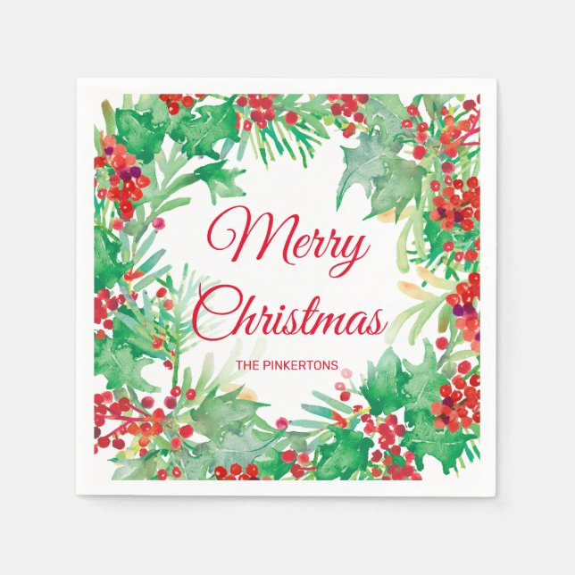 Merry Christmas Watercolor Holly Wreath Holiday Napkins (Front)