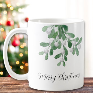Merry Christmas Watercolor Mistletoe Greenery Coffee Mug