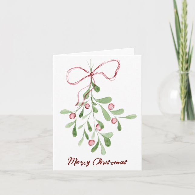 Merry Christmas Watercolor Mistletoe Holiday Card (Front)