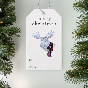 Merry Christmas Watercolor Moose Simple Modern Gift Tags