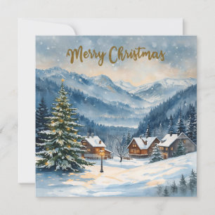 Merry Christmas Watercolor Mountain Village  Holiday Card