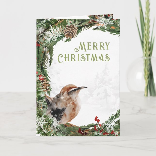 Merry Christmas Watercolor Nuthatch Nesting Bird Holiday Card (Front)