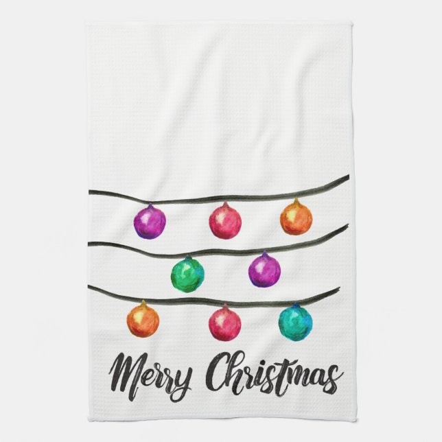Merry Christmas, Watercolor Ornament Kitchen Towel (Vertical)