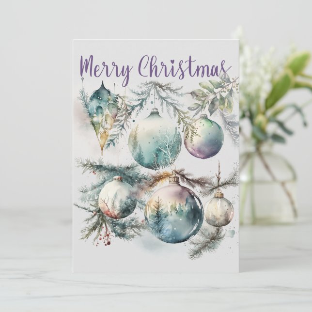 Merry Christmas Watercolor Ornaments Holiday Card (Standing Front)