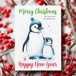 Merry Christmas Watercolor Penguins Christian Holiday Card