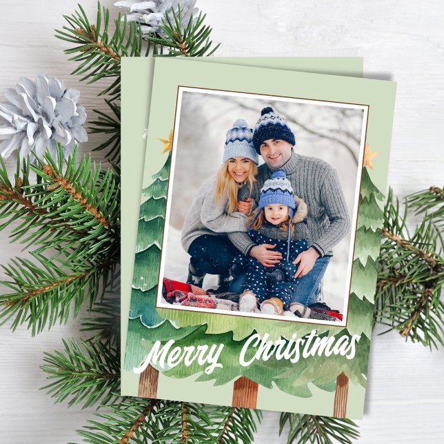 Merry Christmas Watercolor Photo Christmas Trees Holiday Card (Merry Christmas green Christmas tree holiday photo card.)