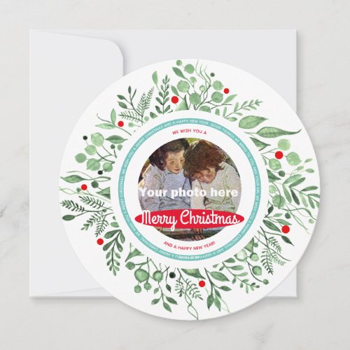 Merry Christmas Watercolor Photo Wreath Holiday Card