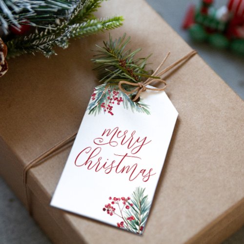 Merry Christmas Watercolor Pine and Berries Gift Tags